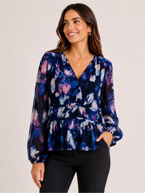 White House Black Market Tops - WHITE HOUSE BLACK MARKET Floral Peplum Blouse – Navy Blue/Purple – XL – NWT
